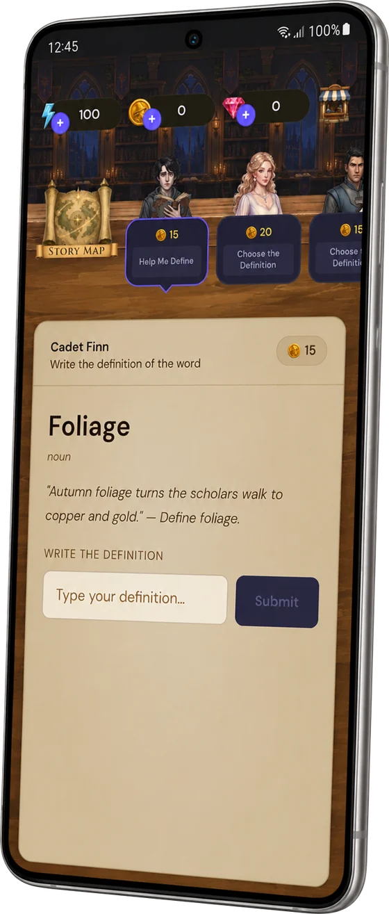 Professor Tas on a phone: the Academy lab, with deciphering requests queued from characters and the SAT word &lsquo;foliage&rsquo; open