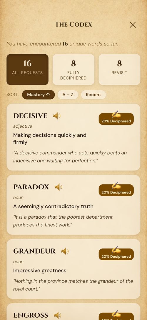 The Codex listing learned words with a mastery percentage for each