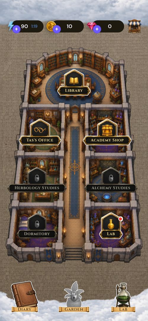 The Academy map showing the Library, Tas&rsquo;s Office, the Shop and locked rooms