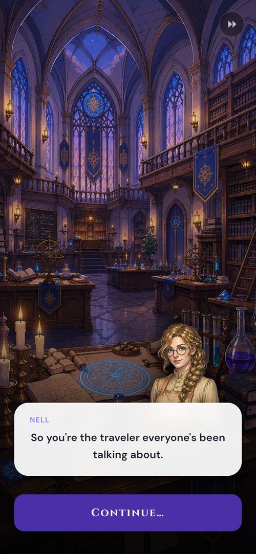 Nell greeting the player in the Academy library