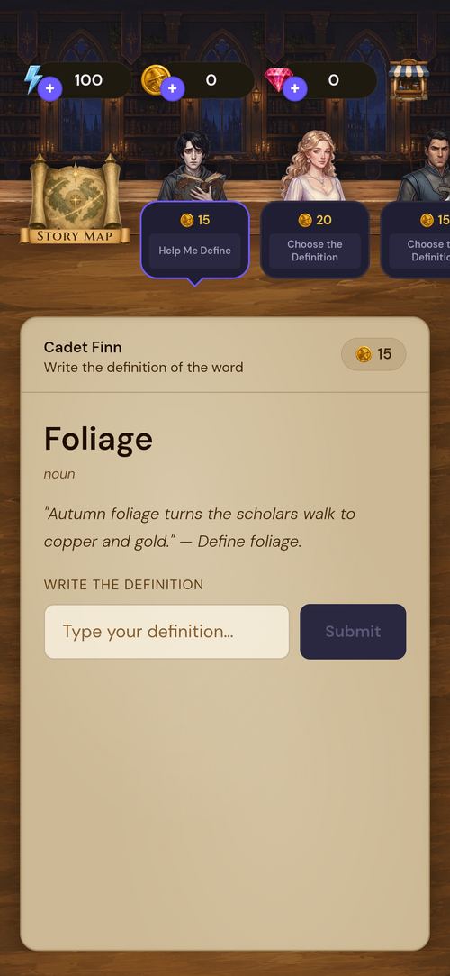 Typing the definition of the SAT word &lsquo;foliage&rsquo; for Cadet Finn
